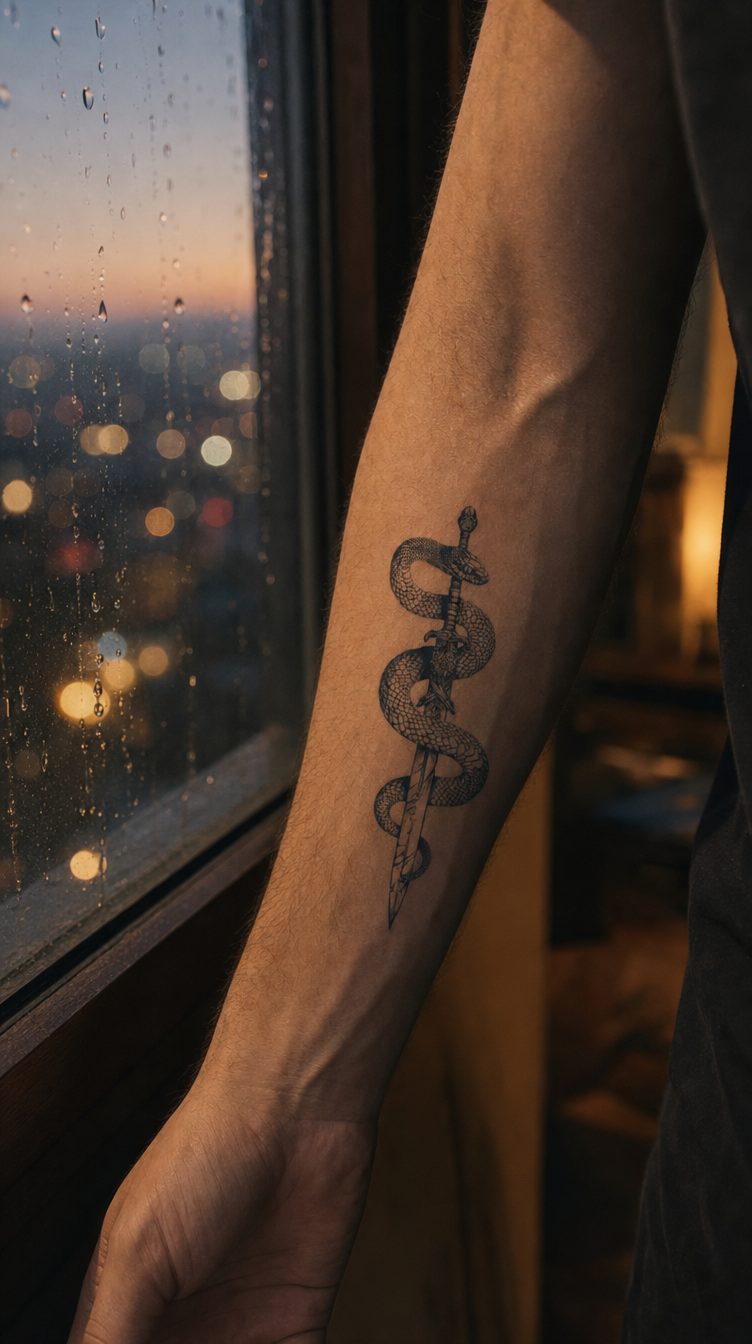 Tatuaj temporar cu un șarpe încolăcit în jurul unui pumnal ornamental, în stil blackwork, aplicat pe antebraț