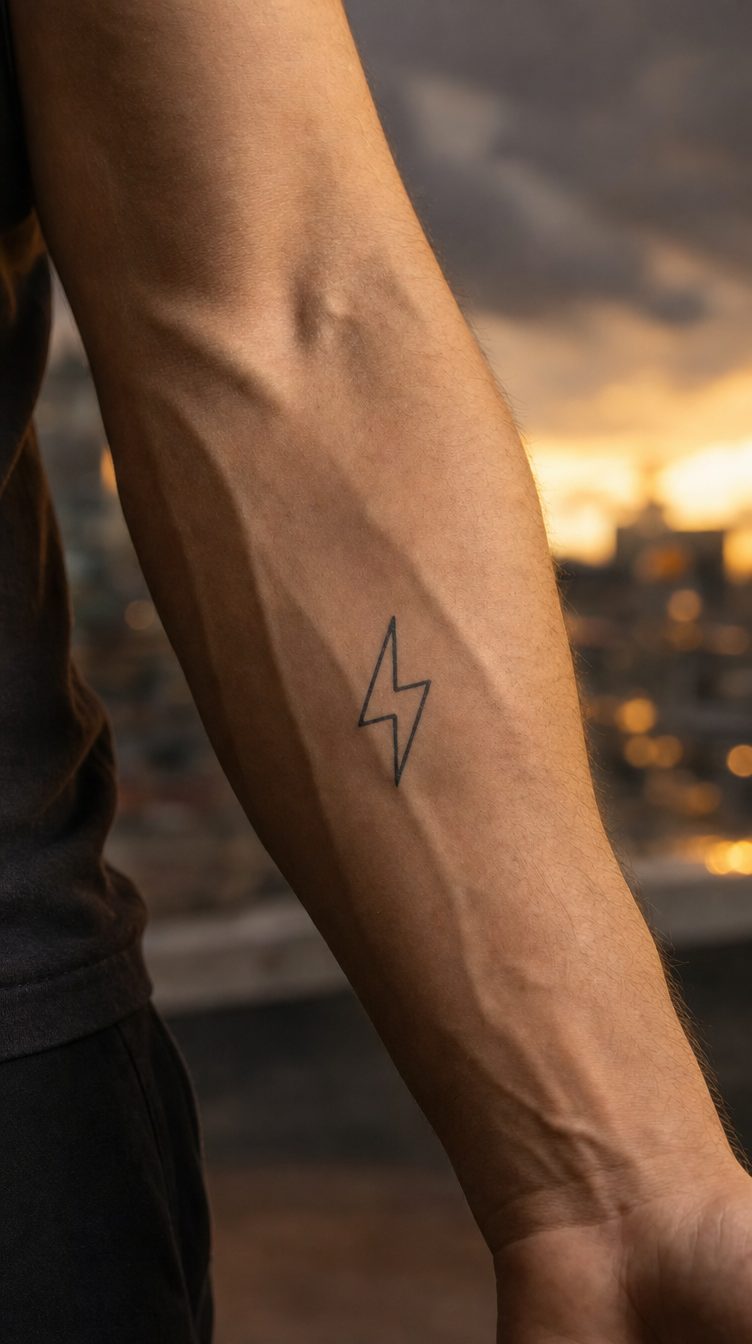 Tatuaj minimalist cu fulger dintr-o singură linie continuă, aplicat pe piele
