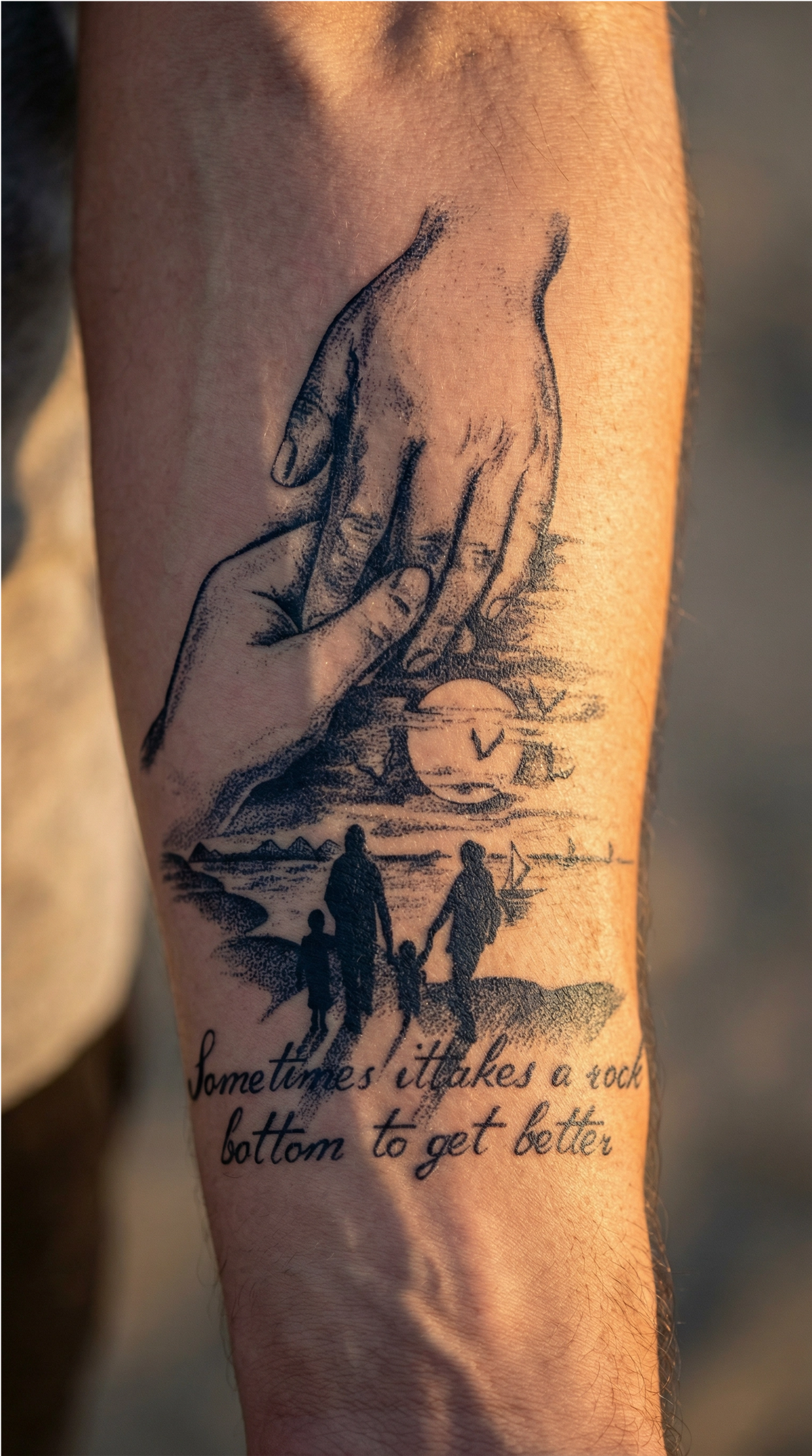 Modelul Mana Protectoare: mâna unui adult ține degetele unui copil, idee de tatuaj cu tematică familială