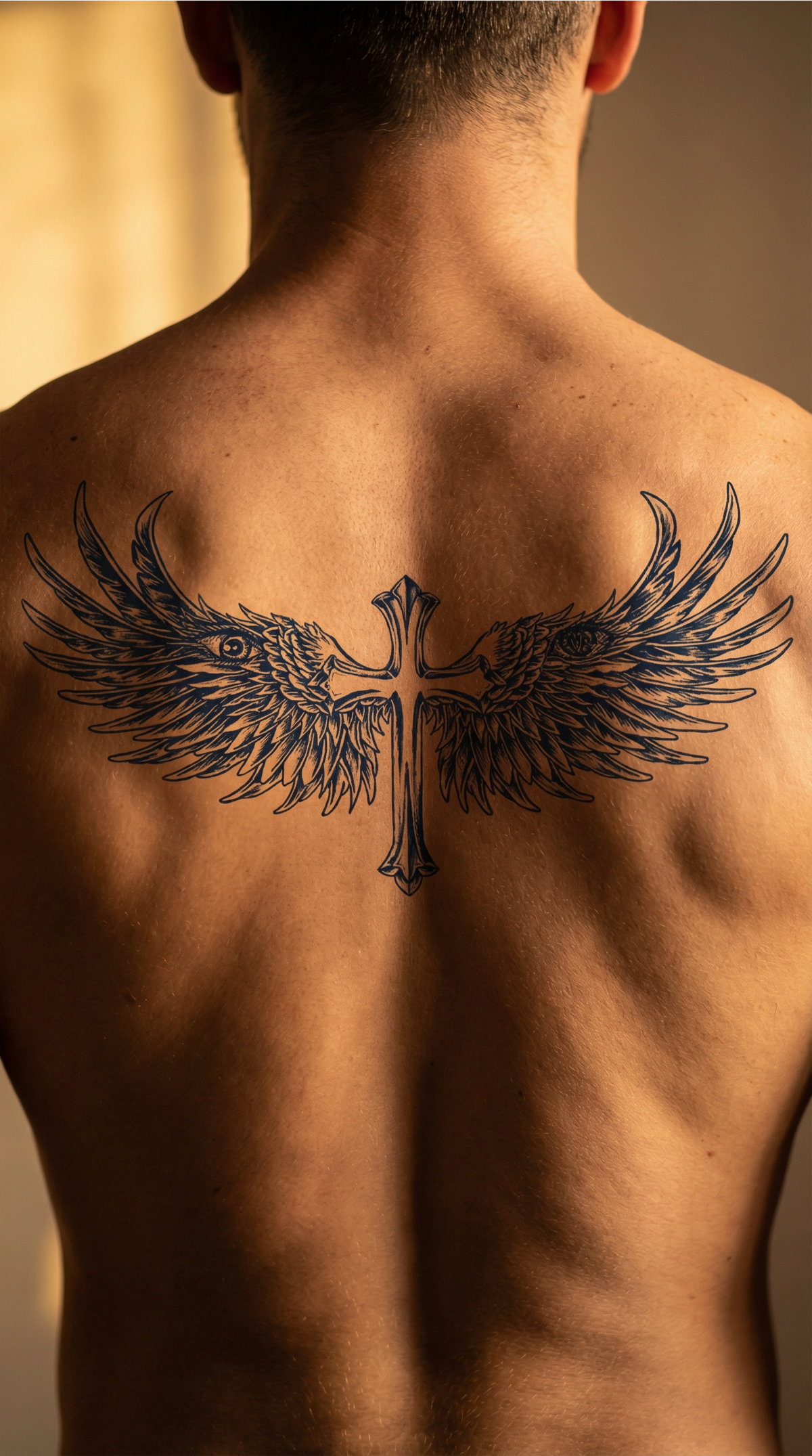 Design-ul Credința aplicat pe piele, folosit ca reper de dimensiune pentru un tatuaj temporar pe omoplat sau partea superioară a spatelui